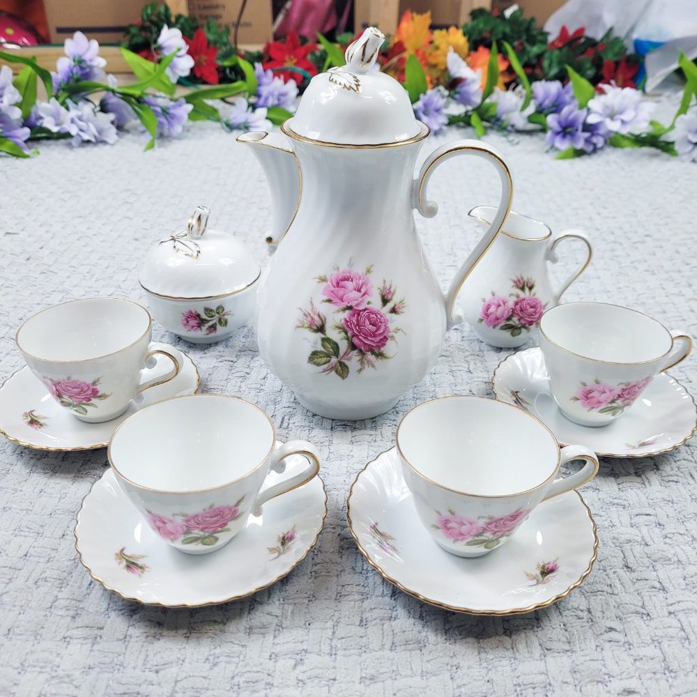 Vintage German AK Kaiser moosrose moss rose floral porcelain china tea set